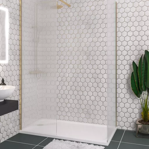Vantage 2000 8mm Easy Clean  2000x1200mm Walk-In Shower Panel with fluted glass - Brushed brass