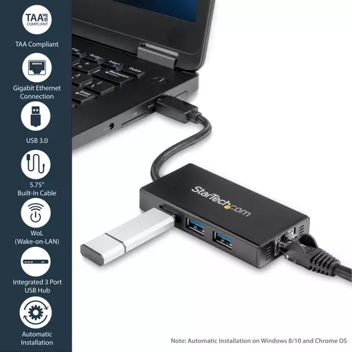 StarTech.com 3-Port Portable USB 3.0 Hub plus Gigabit Ethernet - Aluminum with Built-in Cable~3-Port Portable USB 3.0 Hub plus Gigabit Ethernet - 5Gbps - Aluminum with Built-in Cable