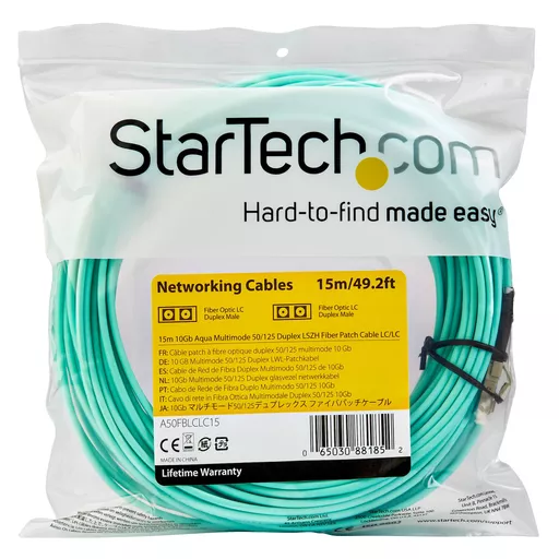 StarTech.com 15m (50ft) LC/UPC to LC/UPC OM3 Multimode Fiber Optic Cable, Full Duplex 50/125µm Zipcord Fiber Cable, 100G, Low Insertion Loss, LSZH Fiber Jumper Cord