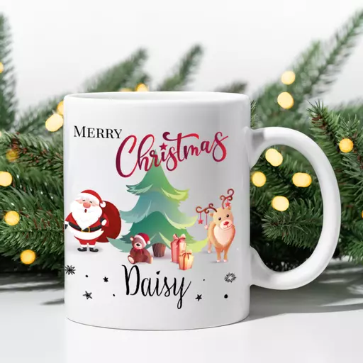Personalised Christmas Mug with Santa, Tree & Reindeer