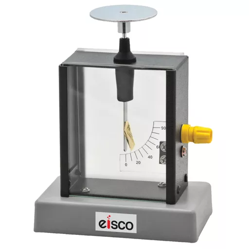 Electroscope, metal aluminium vane, 50 mm diameter charging disc mounted on metal casing with removable glass side panels