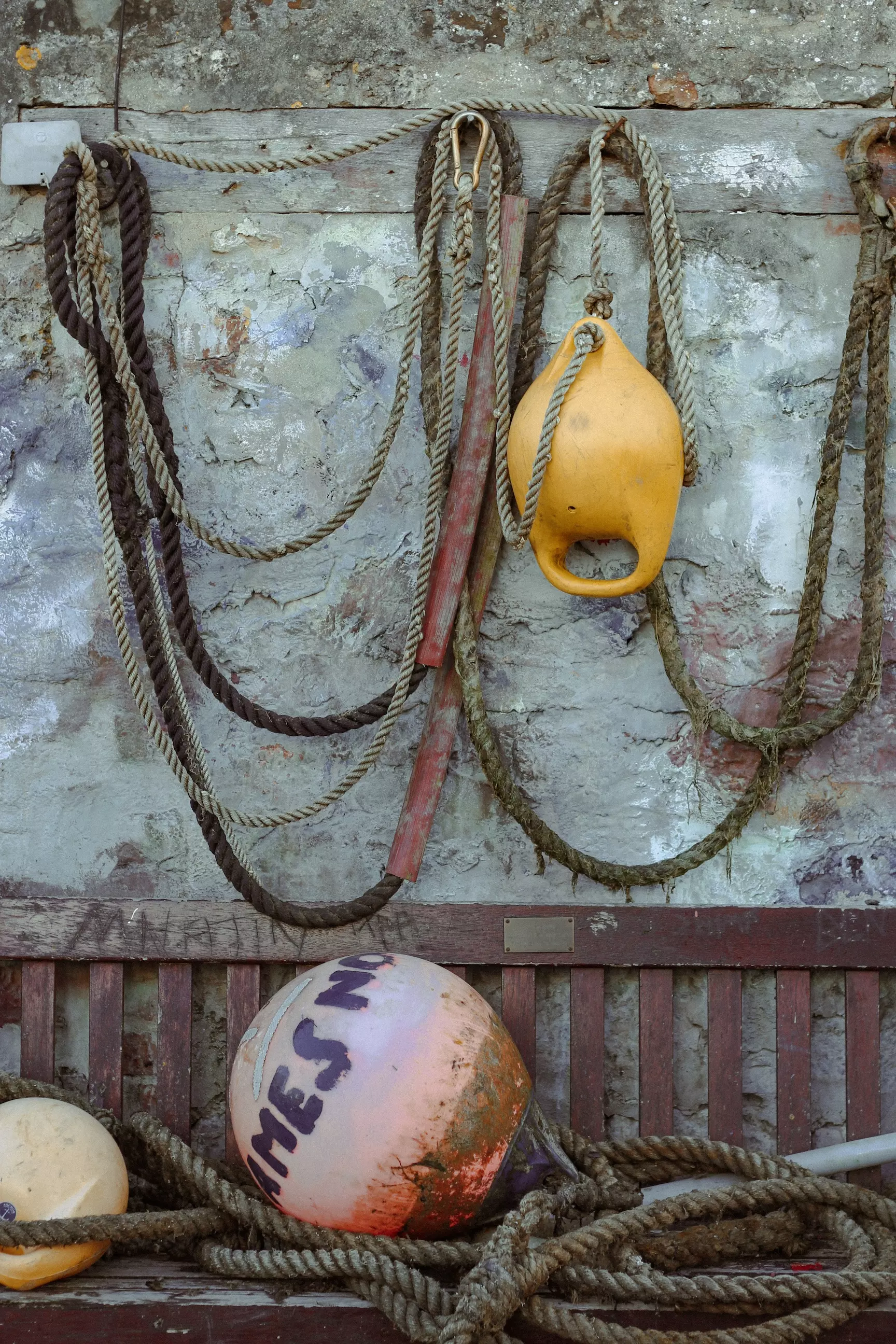Two buoys hung up on a wall with fishing ropes