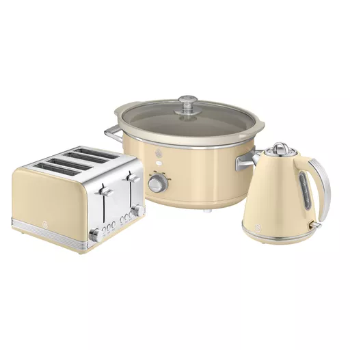 Retro 4 Slice Toaster, Cordless Kettle and Slow Cooker Bundle in Cream