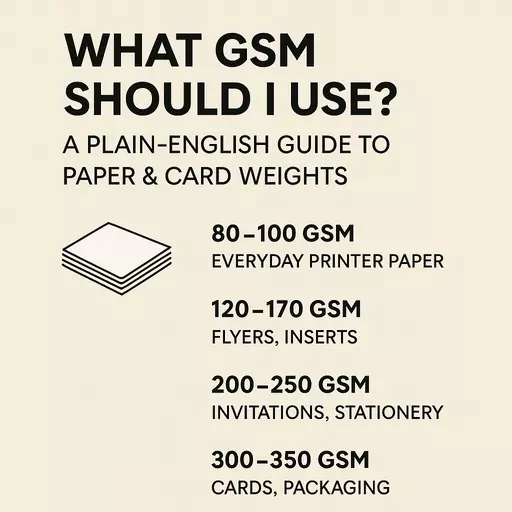 GSM guide showing paper and card weights with a paper stack icon.