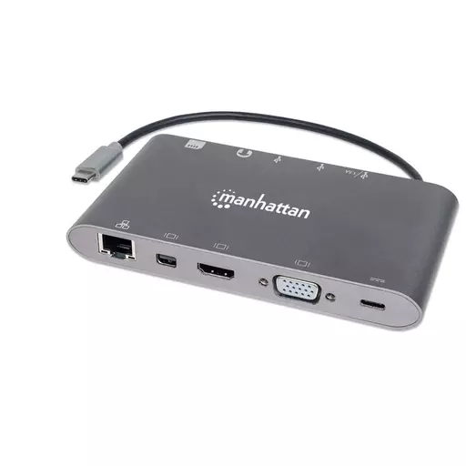Manhattan USB-C Dock/Hub with Card Reader, Ports (x8): USB-C to HDMI, Audio 3.5mm, Ethernet, Mini DisplayPort, USB-A (x3) and USB-C, With Power Delivery (60W) to USB-C Port (Note add USB-C wall charger and USB-C cable needed), All Ports can be used at the