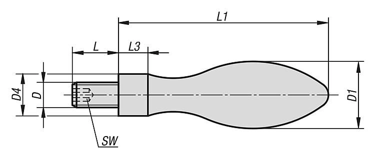 Machine Handle. Fixed. M6 Thread. 50mm Handle Length. Aluminium.