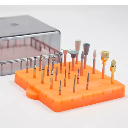 BurButler Amber Orange 25 hole base  with burs lid off small.jpg