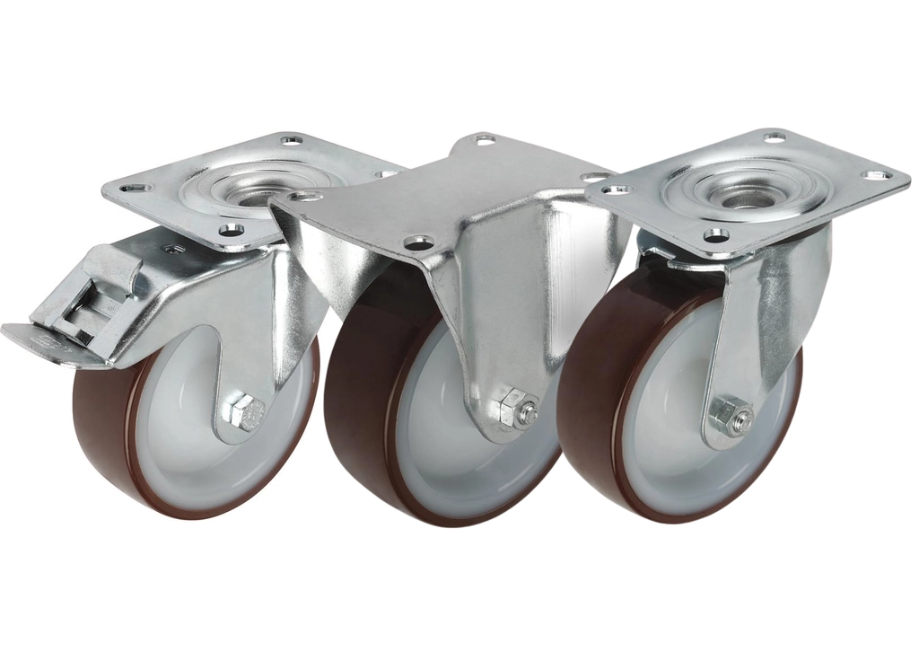 K1764 - Steel Plate Swivel and Fixed Castors With Abrasion Resistant Polyurethane Tread