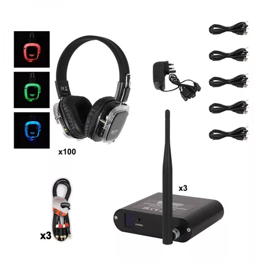 Silent Disco Pack x100 Headphones with x3 Transmitter Bundle