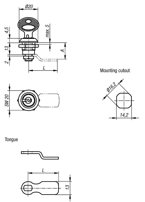 Quarter Turn Lock. Key Lock. 13mm Height. Zinc.