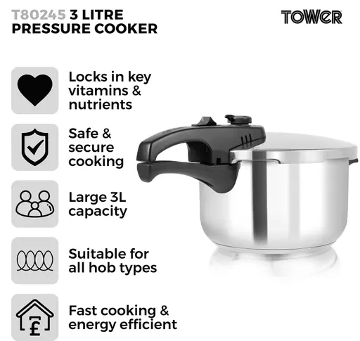 3 Litre Stainless Steel Pressure Cooker T80245 Pressure Cookers Tower Housewares