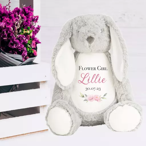 Bunny Rabbit Plush Soft Toy with Pink Flower Girl Design