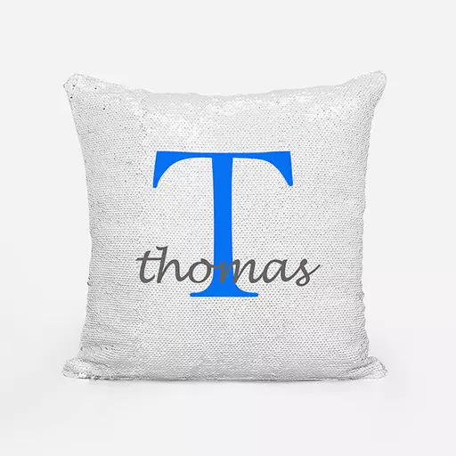 Personalised Sequin Magic Cushion For Him – Custom Initial "T" & Name Gift