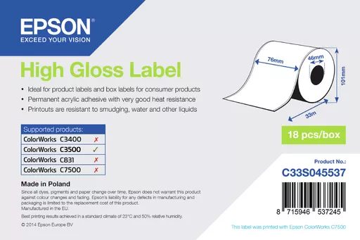 Epson C33S045537 Format-etikettes gloss 76mm x 33m for Epson TM-C 3500