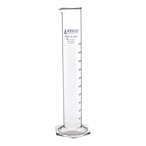 Measuring cylinder, borosilicate glass with glass foot, graduated, 500 cm3 x 2 cm3 graduations, with spout.
