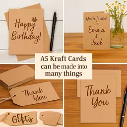 Collage showing multiple creative uses for brown kraft card including cards, tags, menus, and signage.