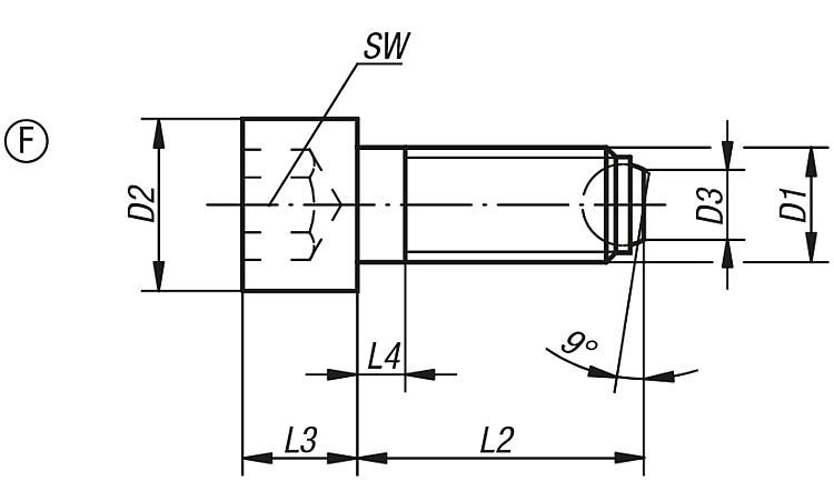 BALL-END THRUST SCREW WITH HEAD, FORM:F BALL FLATTENED A. SERRATED, M10, L=25, CARBON STEEL, COMP:BALL-BEARING STEEL