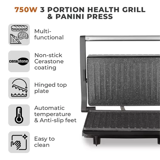 750W Panini Grill Cerastone Stainless Steel