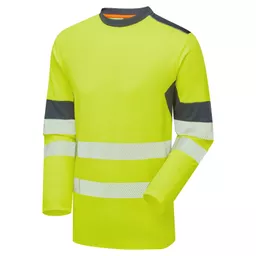 SYS602-YN-System-Hi-Vis-Eco-Long-Sleeve-Yellow-Navy-Cotton-Cool-T-Shirt-Front Angle Left With Segmented Tape.png