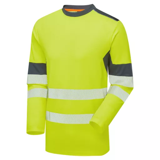 SYS602-YN-System-Hi-Vis-Eco-Long-Sleeve-Yellow-Navy-Cotton-Cool-T-Shirt-Front Angle Left With Segmented Tape.png