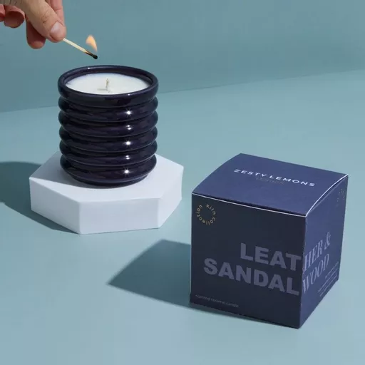 Contemporary Navy Kiln Votive Candle–Leather & Sandalwood