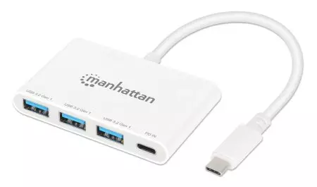 Manhattan USB-C Dock/Hub, Ports (4): USB-A (x3) and USB-C, 5 Gbps (USB 3.2 Gen1 aka USB 3.0), With Power Delivery (100W) to USB-C Port (Note additional USB-C wall charger and USB-C cable needed), SuperSpeed USB, White, PD, Three Year Warranty, Retail Box