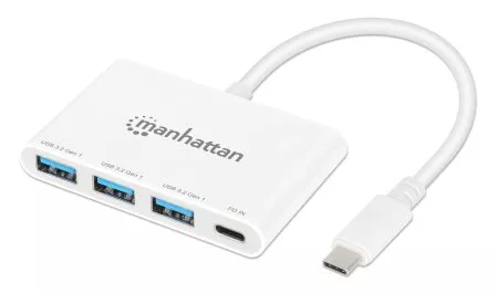 Manhattan USB-C Dock/Hub, Ports (4): USB-A (x3) and USB-C, 5 Gbps (USB 3.2 Gen1 aka USB 3.0), With Power Delivery (100W) to USB-C Port (Note additional USB-C wall charger and USB-C cable needed), SuperSpeed USB, White, PD, Three Year Warranty, Retail Box