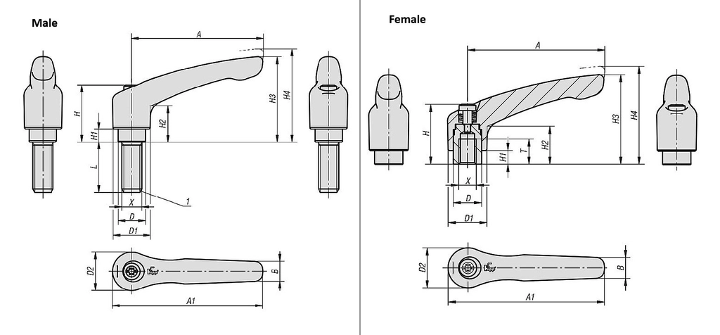 Clamp Lever. 65mm Handle Length. M8x25mm Thread.