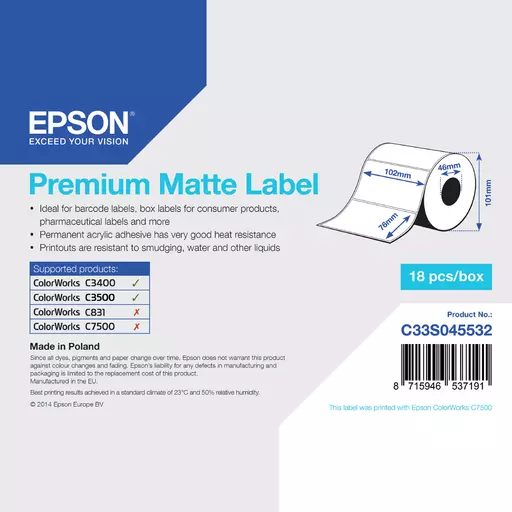 Epson C33S045532 Format-etikettes matt die-cut 102mm x 76mm 440 label Pack=1 for Epson TM-C 3400/3500