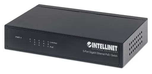 Intellinet 5-Port Gigabit Ethernet PoE+ Switch, 4 x PSE Ports, IEEE 802.3at/af Power over Ethernet (PoE+/PoE) Compliant, 60 W, Desktop (With UK 3-pin power cord)