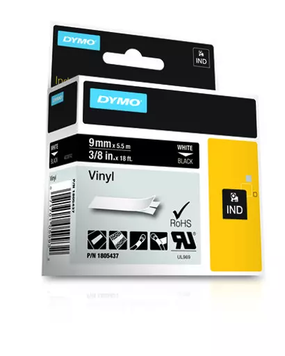 Dymo 1805437 Ribbon Vinyl white on black 9mmx5,5m for Dymo Rhino 6-12mm/19mm/24mm