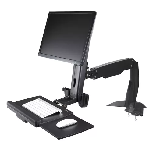 StarTech.com Sit Stand Monitor Arm - Desk Mount Adjustable Sit-Stand Workstation Arm for Single 34" VESA Mount Display - Ergonomic Articulating Standing Desk Converter with Keyboard Tray