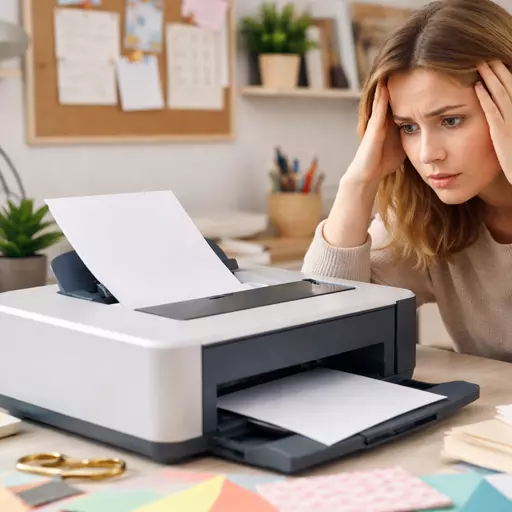 Frustrated person troubleshooting a desktop printer while printing on card stock