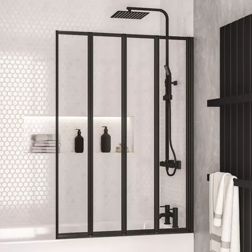 Volente 1400 x 1000mm Folding Bath Screen with 4 Fold Panels - Matt Black