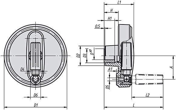Handwheel. Folding Revolving Grip. 8mm H7 Reamed Hole. 80mm Overall Diameter. Plastic.