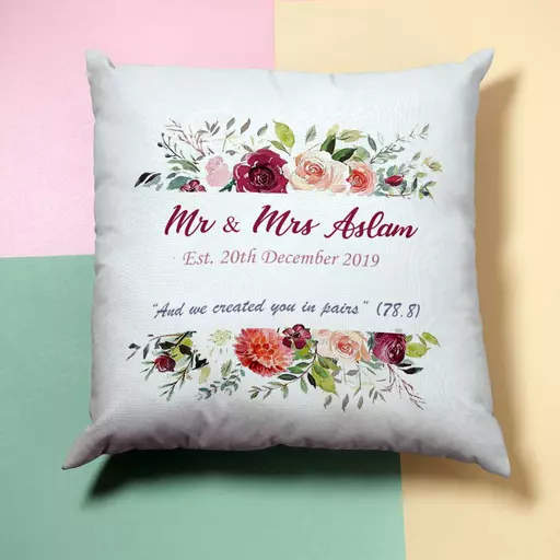 Personalised Maroon & Peach Garland Cushion - Add Names/Date