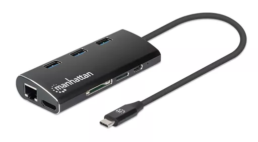Manhattan USB-C Dock/Hub with Card Reader, Ports (x6): Ethernet, HDMI, USB-A (x3) and USB-C, With Power Delivery (100W) to USB-C Port (Note additional USB-C wall charger and USB-C cable needed), Equivalent to DKT30CSDHPD3, Aluminium, Black, 3 Year Warrant
