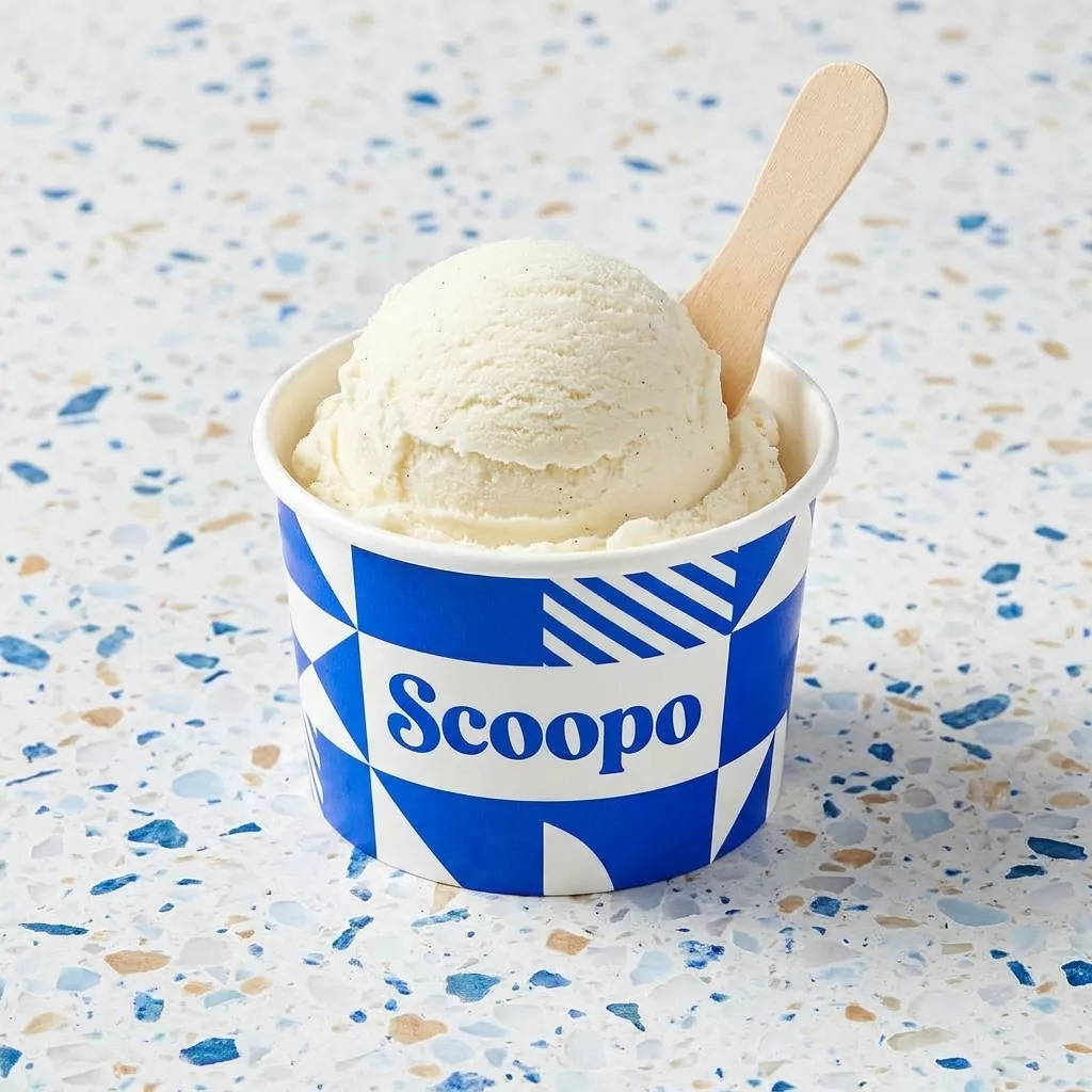 Custom printed ice cream cup with bold geometric pattern for Scoopo dessert brand