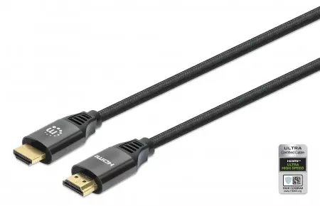 Manhattan HDMI Cable with Ethernet, 8K@60Hz (Ultra High Speed), 1m (Braided), Male to Male, Black, 4K@120Hz, Ultra HD 4k x 2k, Fully Shielded, Gold Plated Contacts, Lifetime Warranty, Polybag