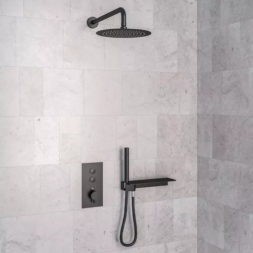 Shower Bundle with Concealed Push Button Valve, Shower Shelf, Round Shower Head & Arm -Smooth Black