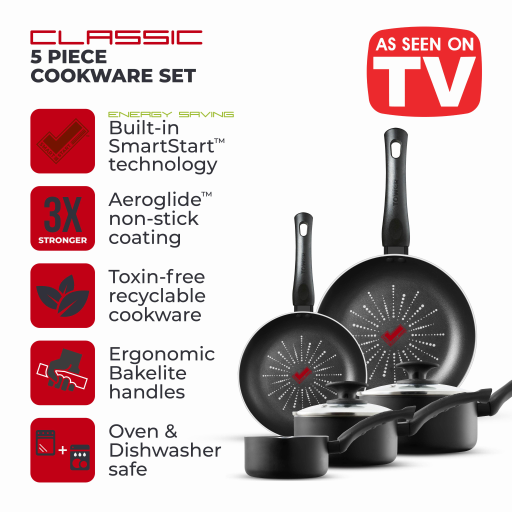 Tower Unisex Black Smartstart Classic 5 Piece Nonstick Cookware Set, Dishwasher Safe In - Image 4