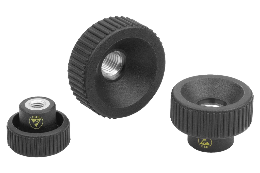 K1472 - Anti-Static Knurled Nuts In Plastic With Steel Thread Size M4-M10