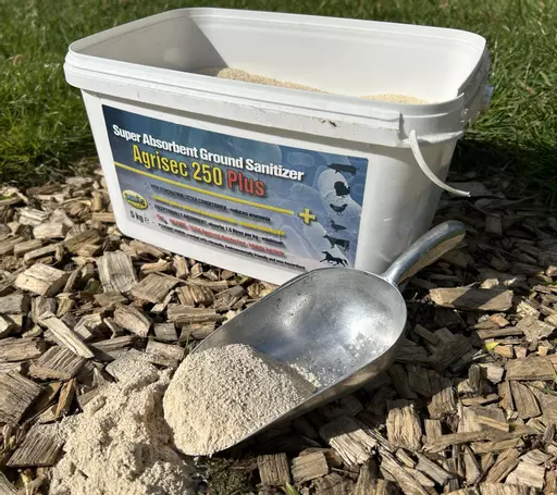 Agrisec 250 Plus powder shown on woodchip coop floor