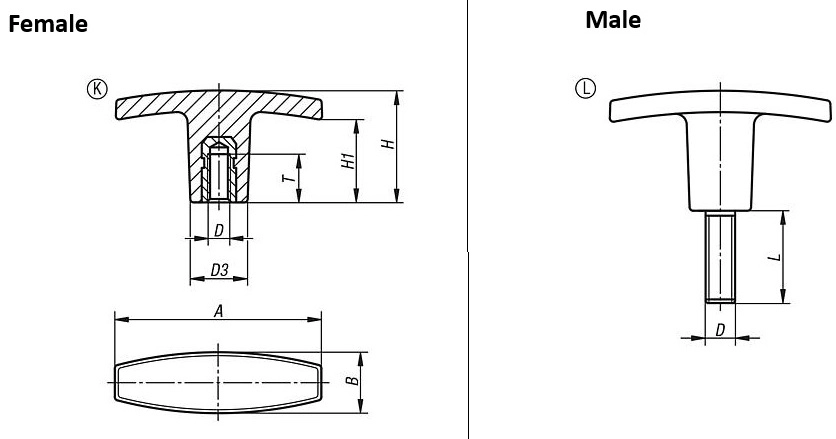 T Grip. M12x40mm Steel Thread. Grip Width 80mm. Plastic.