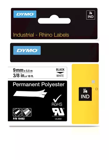 Dymo 18482/S0718240 Ribbon Polyester black on white 9mm x 5,5m for Dymo Rhino 6-12mm/19mm/24mm