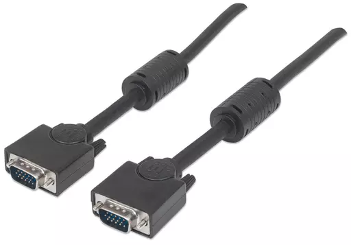Manhattan VGA Monitor Cable (with Ferrite Cores), 3m, Black, Male to Male, HD15, Cable of higher SVGA Specification (fully compatible), Shielding with Ferrite Cores helps minimise EMI interference for improved video transmission, Lifetime Warranty, Polyba