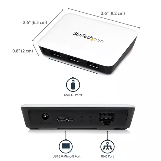 StarTech.com USB 3.0 to Gigabit Ethernet NIC Network Adapter with 3 Port Hub - White