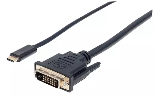 Manhattan USB-C to DVI-D Cable, 1080p@60Hz, 2m, Male to Female, Black, Equivalent to CDP2DVIMM2MB, Compatible with DVD-D, Three Year Warranty, Polybag