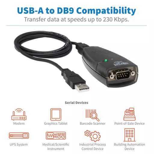 Tripp Lite USA-19HS Keyspan USB to Serial Adapter - USB-A Male to DB9 RS232 Male, 3 ft. (0.91 m), TAA