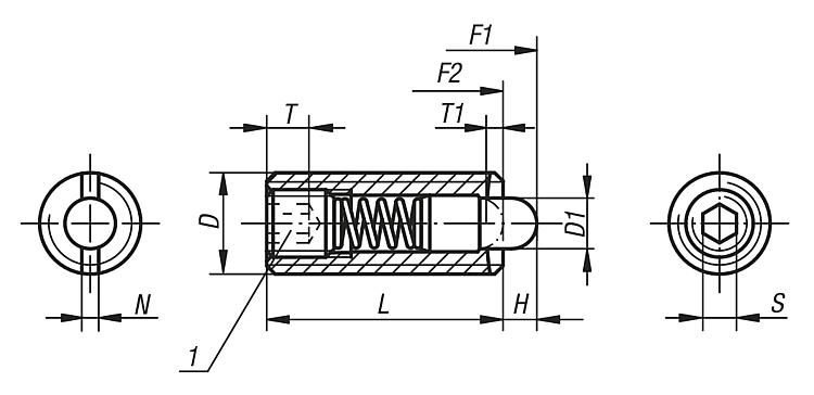 Spring Plunger. Thread M6. Length 20mm. Pin Diameter 2.7mm. Spring Force 3N. Steel.